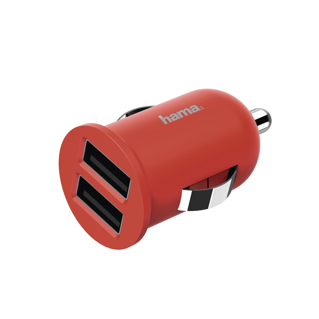 Ein rotes Autoladegerät mit zwei USB-Anschlüssen, silbernen Akzenten und einem Hama-Logo.