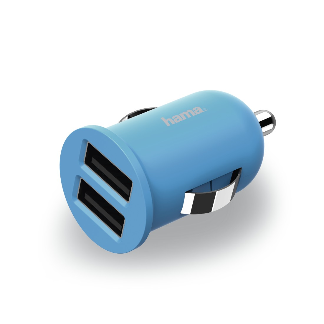 Ein blaues Autoladegerät mit zwei USB-Anschlüssen. Das Hama-Logo ist sichtbar.