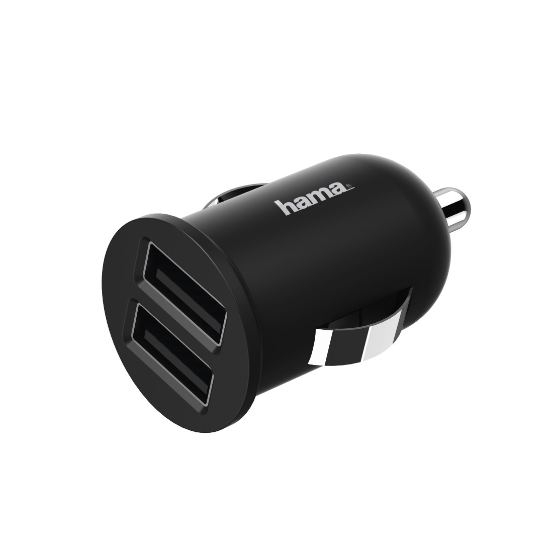 Schwarzes Autoladegerät mit zwei USB-Anschlüssen.