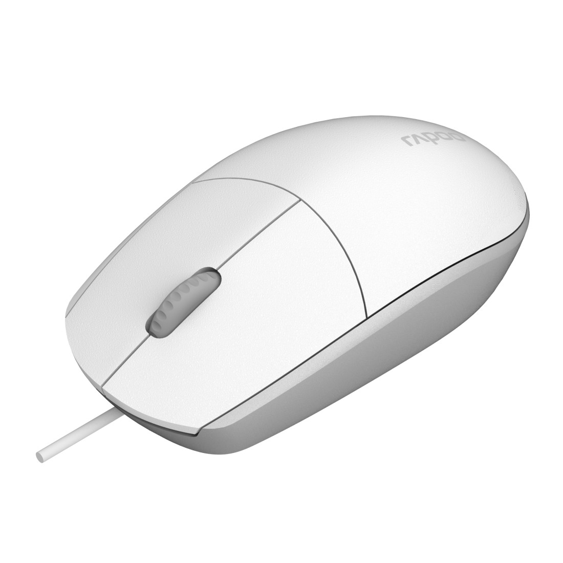 Weiße Computermaus mit Scrollrad und Kabel, auf weißem Hintergrund.