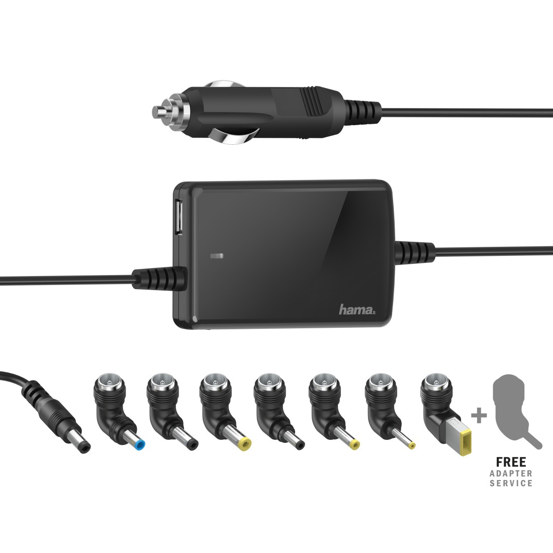 Schwarzer Multi-Adapter mit verschiedenen Spitzen und einem Kfz-Adapter, alle mit schwarzen Kabeln, auf weißem Grund.
