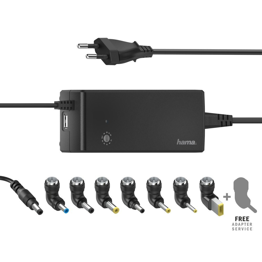 Schwarzer Netzadapter mit mehreren Adaptersteckern und USB-Anschluss. Hama-Logo sichtbar.