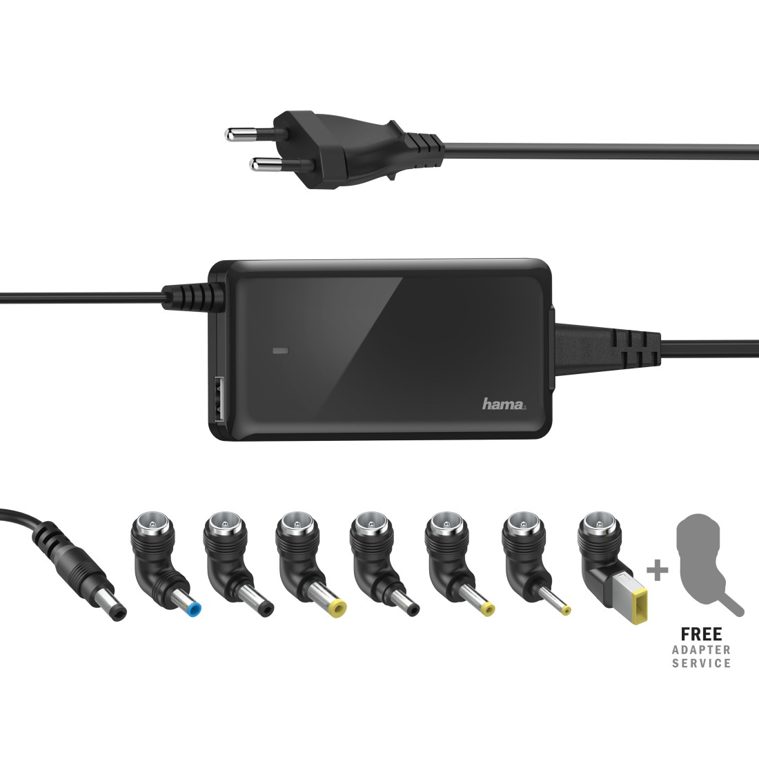 Schwarzes Ladegerät mit mehreren Adaptern. Es hat einen USB-Anschluss und mehrere Ladeköpfe.