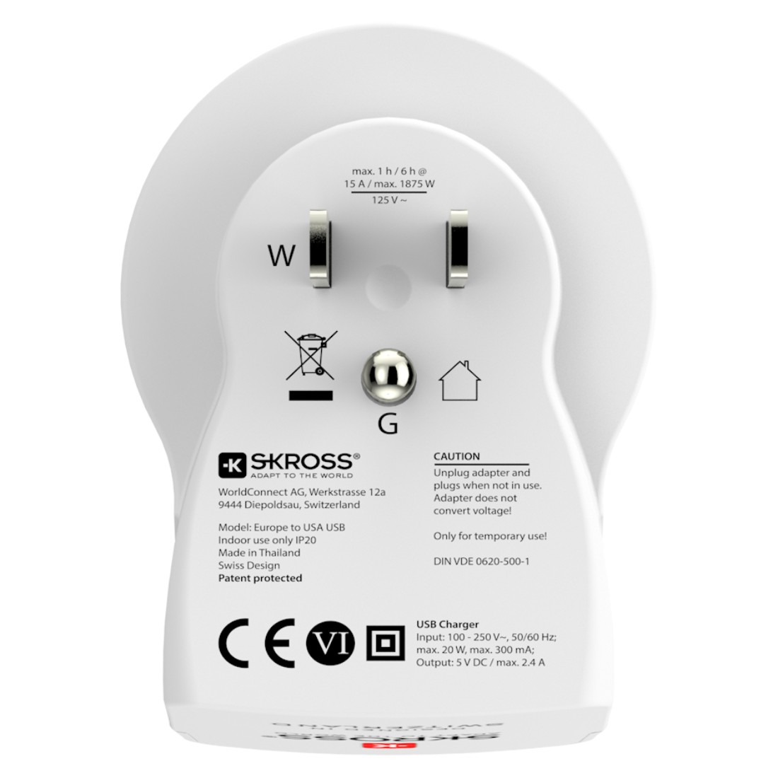 Weißer Adapter mit Steckstiften und Text. Er hat einen USB-Lader und Informationen darauf. Weißer Hintergrund.