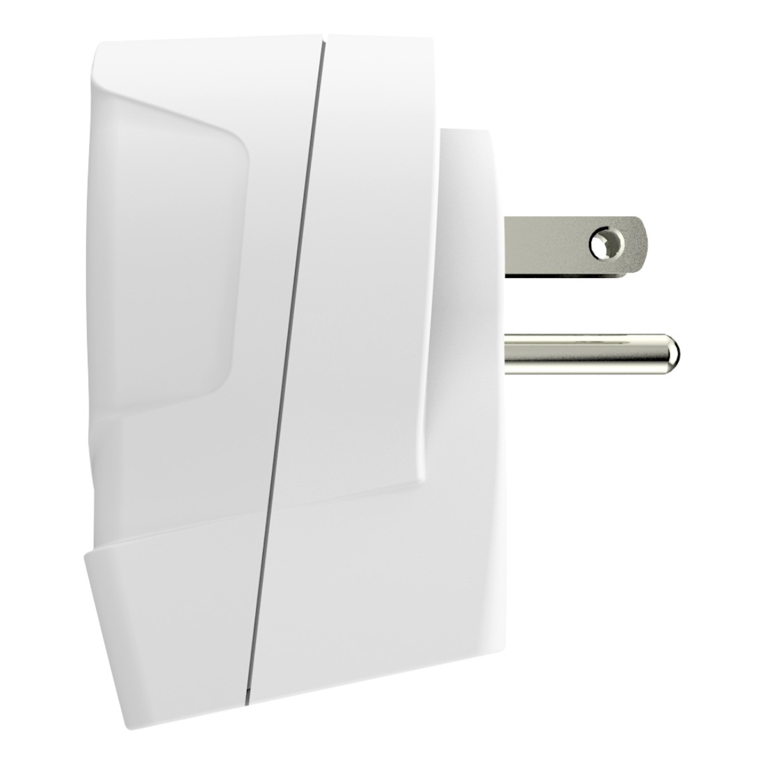 Weißer US-Steckeradapter, schräge Ansicht.