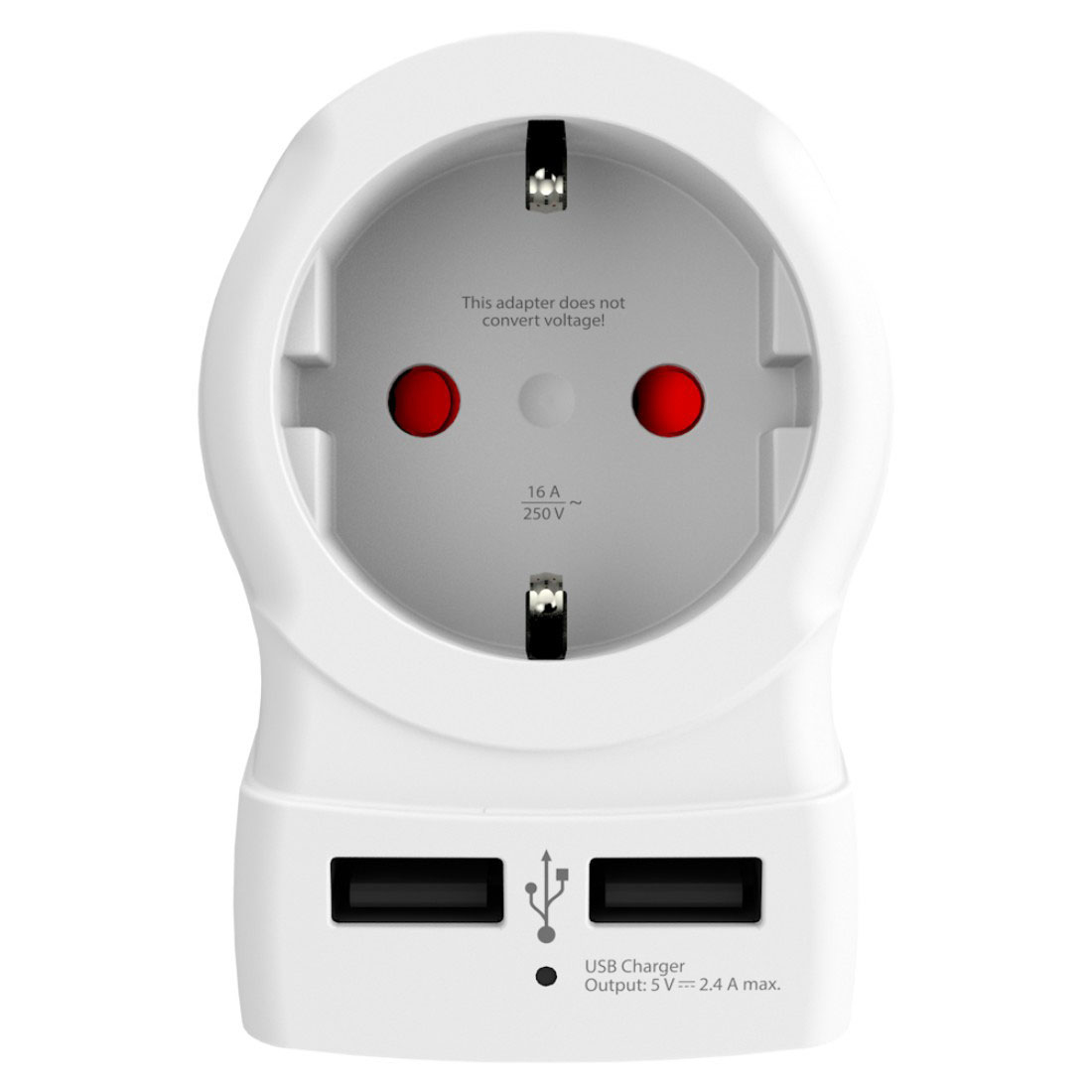 Weißer Netzadapter mit zwei USB-Anschlüssen und zwei roten Löchern.