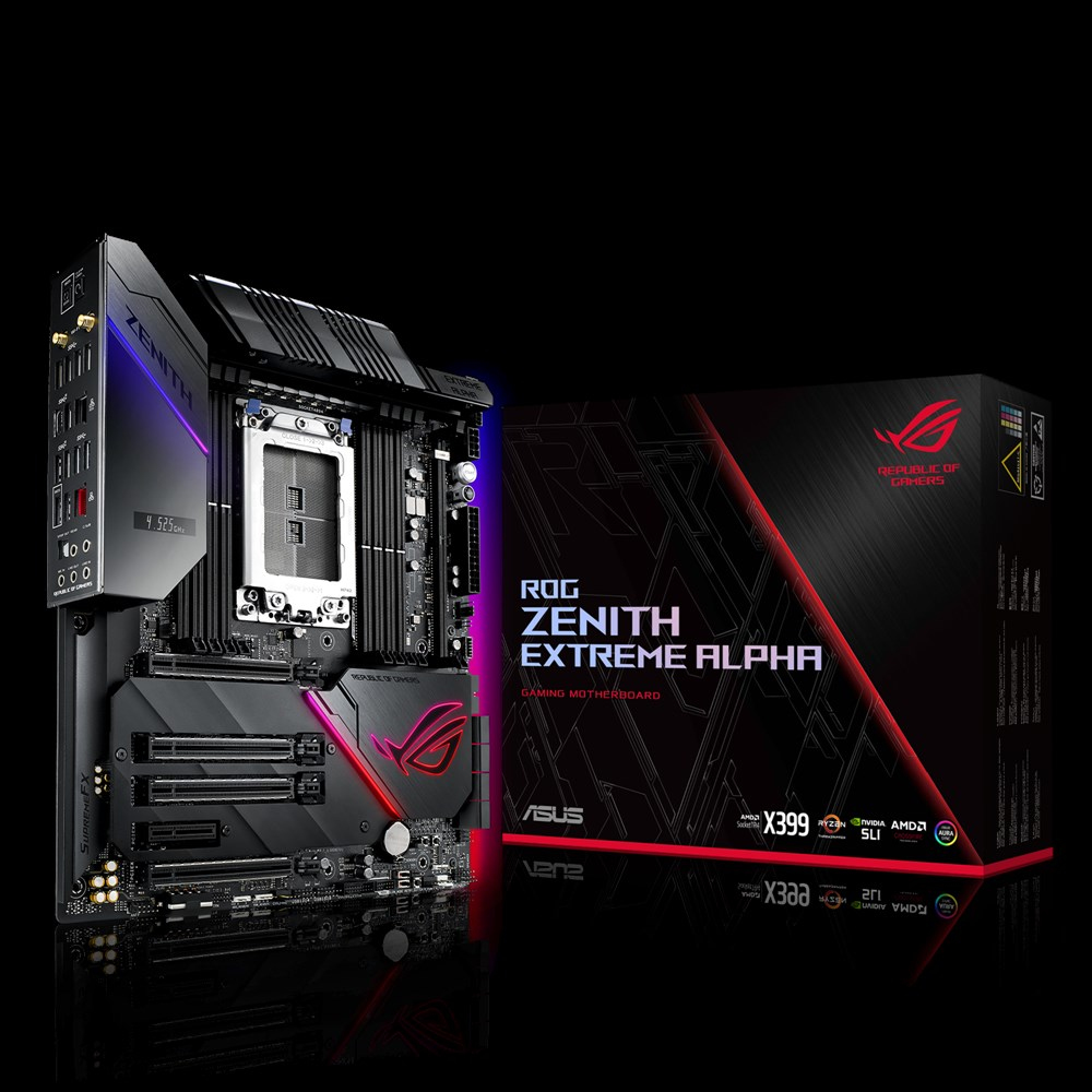 Motherboard-Box mit ROG Zenith Extreme Alpha-Text, schwarzer Hintergrund.