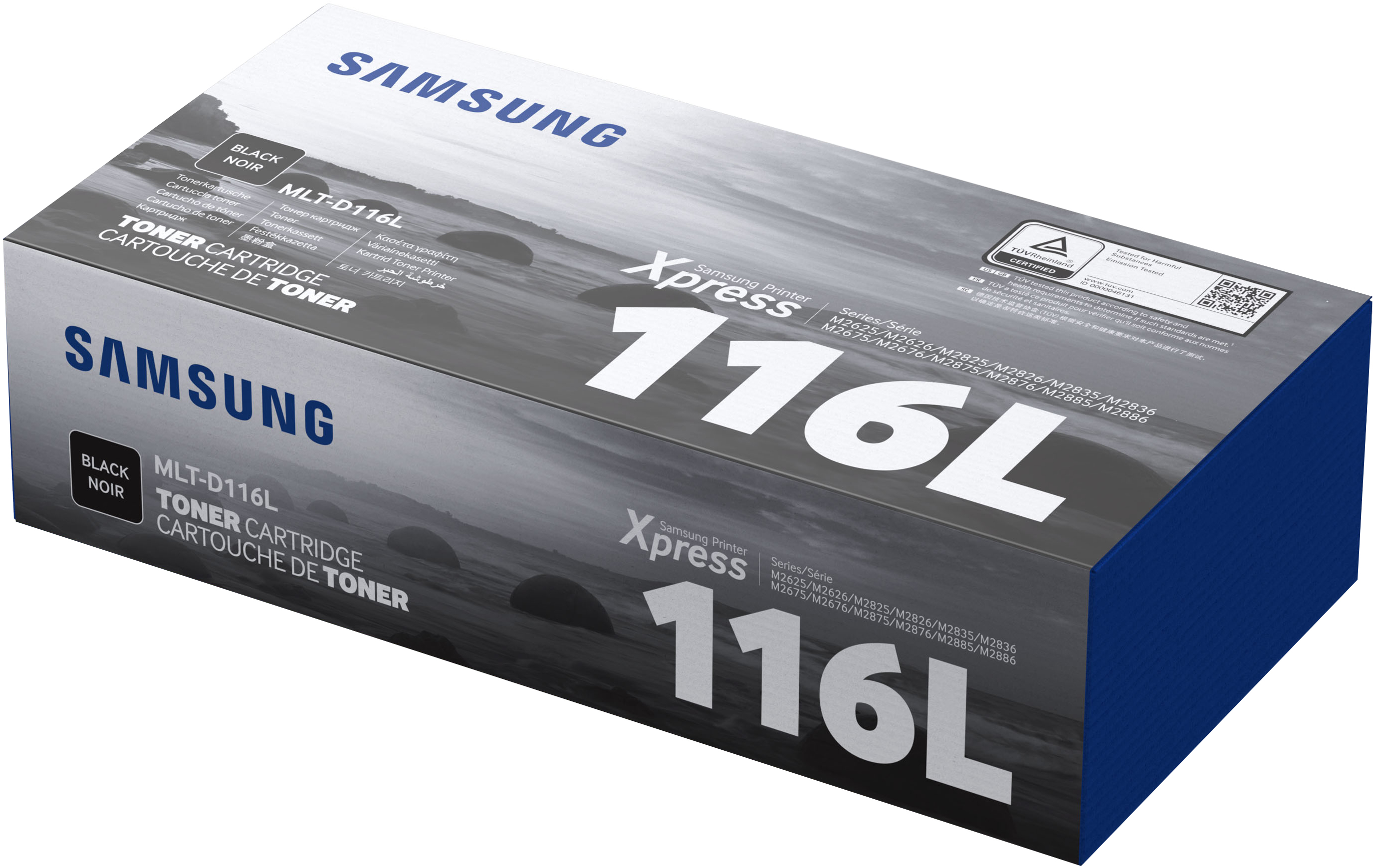 Eine Samsung-Tonerpatronenbox in Schwarz, schräge Ansicht.