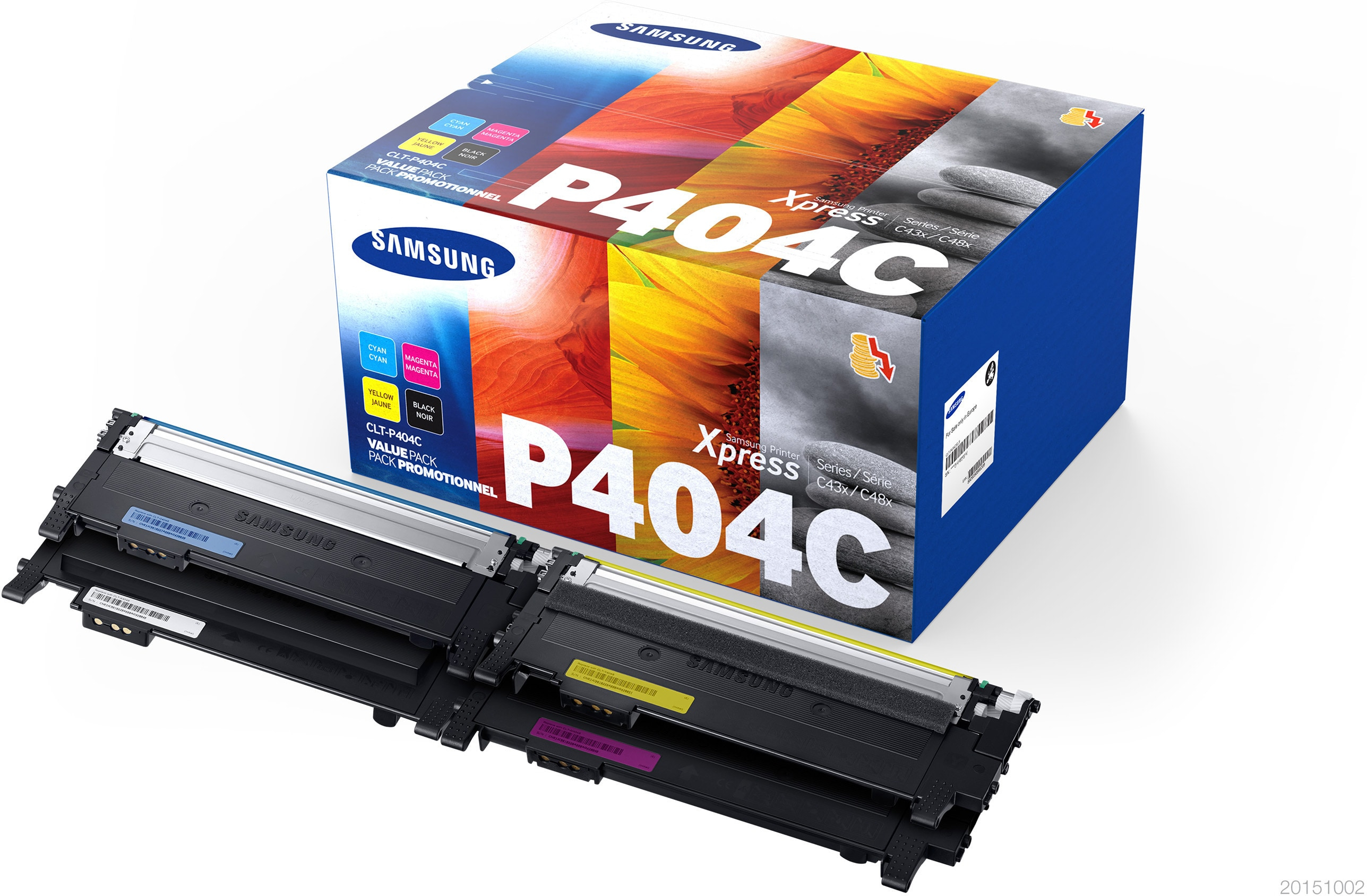 Samsung printer toner cartridges with colors. The background shows a sunflower and gray rocks.