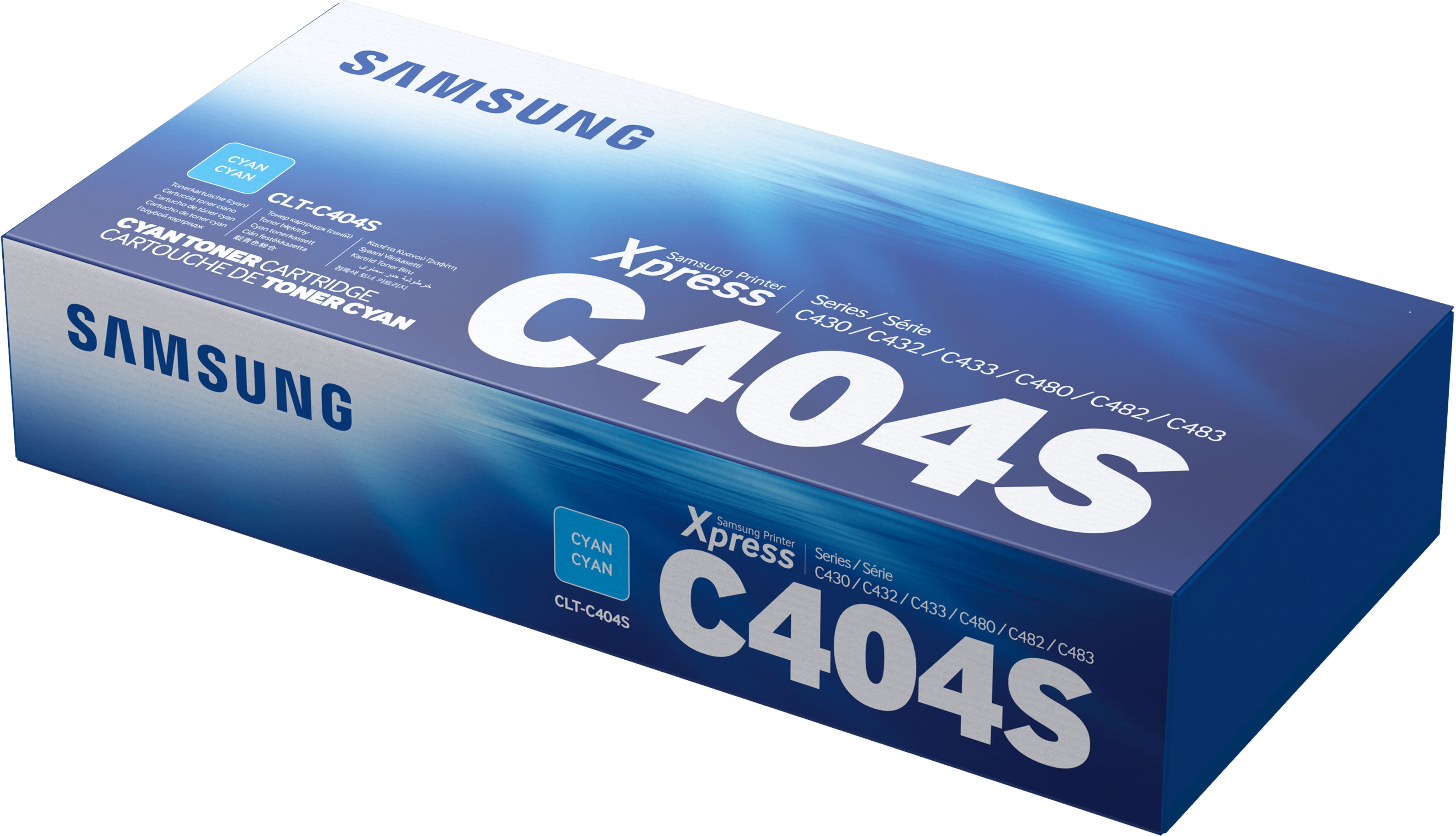 Cyan Samsung toner cartridge box. Bold white text on a blue background. 'C404S' prominent.