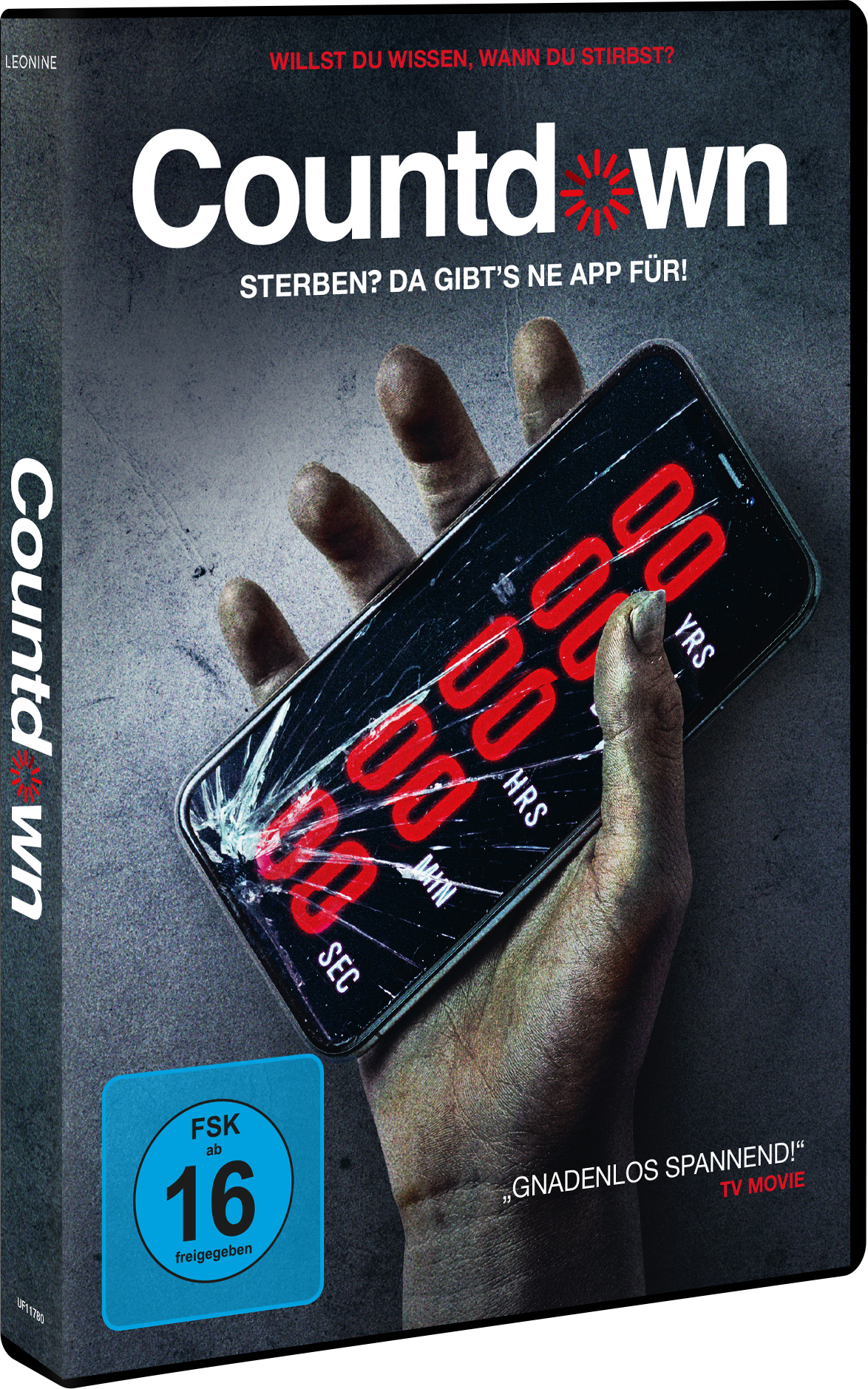 Filmcover von Countdown, ein Smartphone mit einem gesprungenen Bildschirm. Hand hält das Telefon.