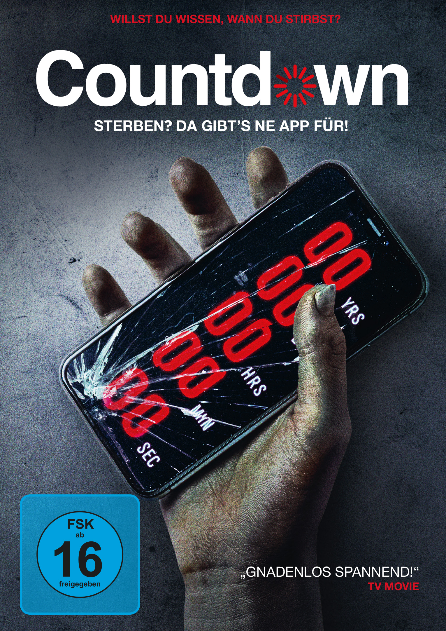 Filmposter 'Countdown', zeigt eine Hand, die ein zerbrochenes Telefon mit einem Timer hält. Dunkler Hintergrund.