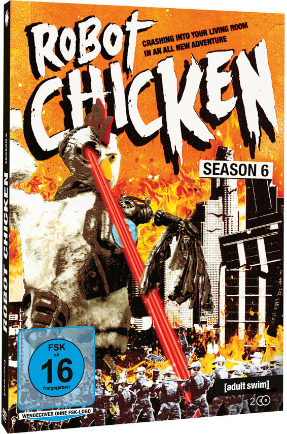Robot Chicken Staffel 6 DVD-Cover mit Huhn und Explosionen. Oranger Hintergrund.