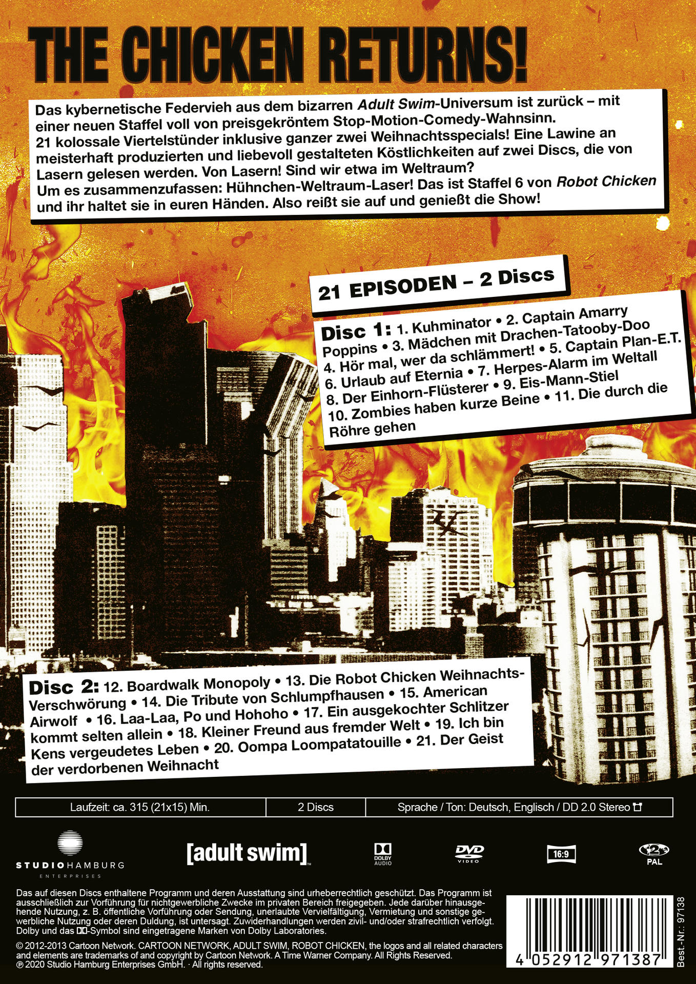 Die Rückseite der DVD 'The Chicken Returns'. Das Bild zeigt die Skyline der Stadt.