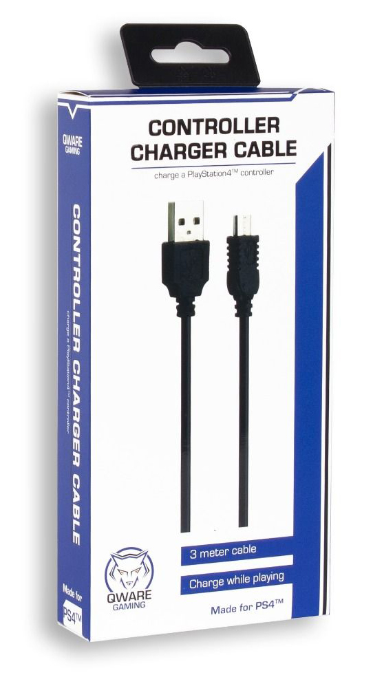 A controller charger cable box. Black cable in front, white box with blue accents, black top.