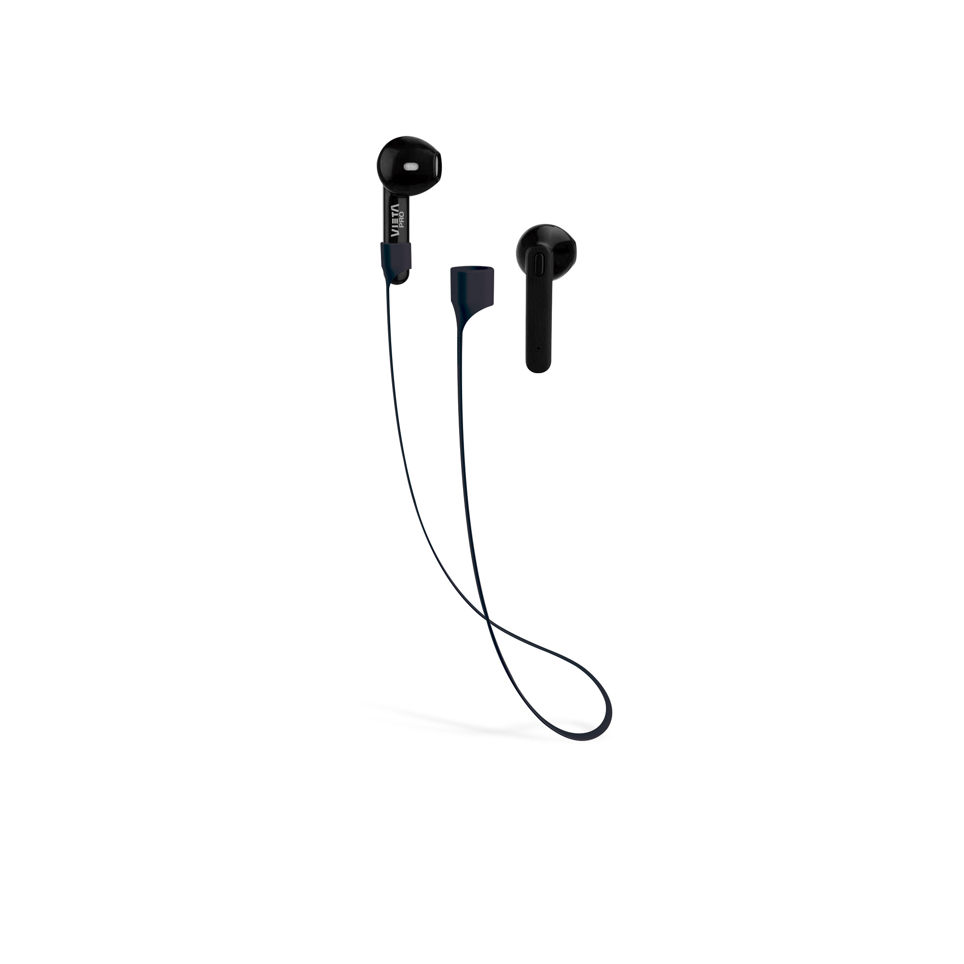 Auriculares inalámbricos negros conectados por un cable, sobre un fondo blanco.