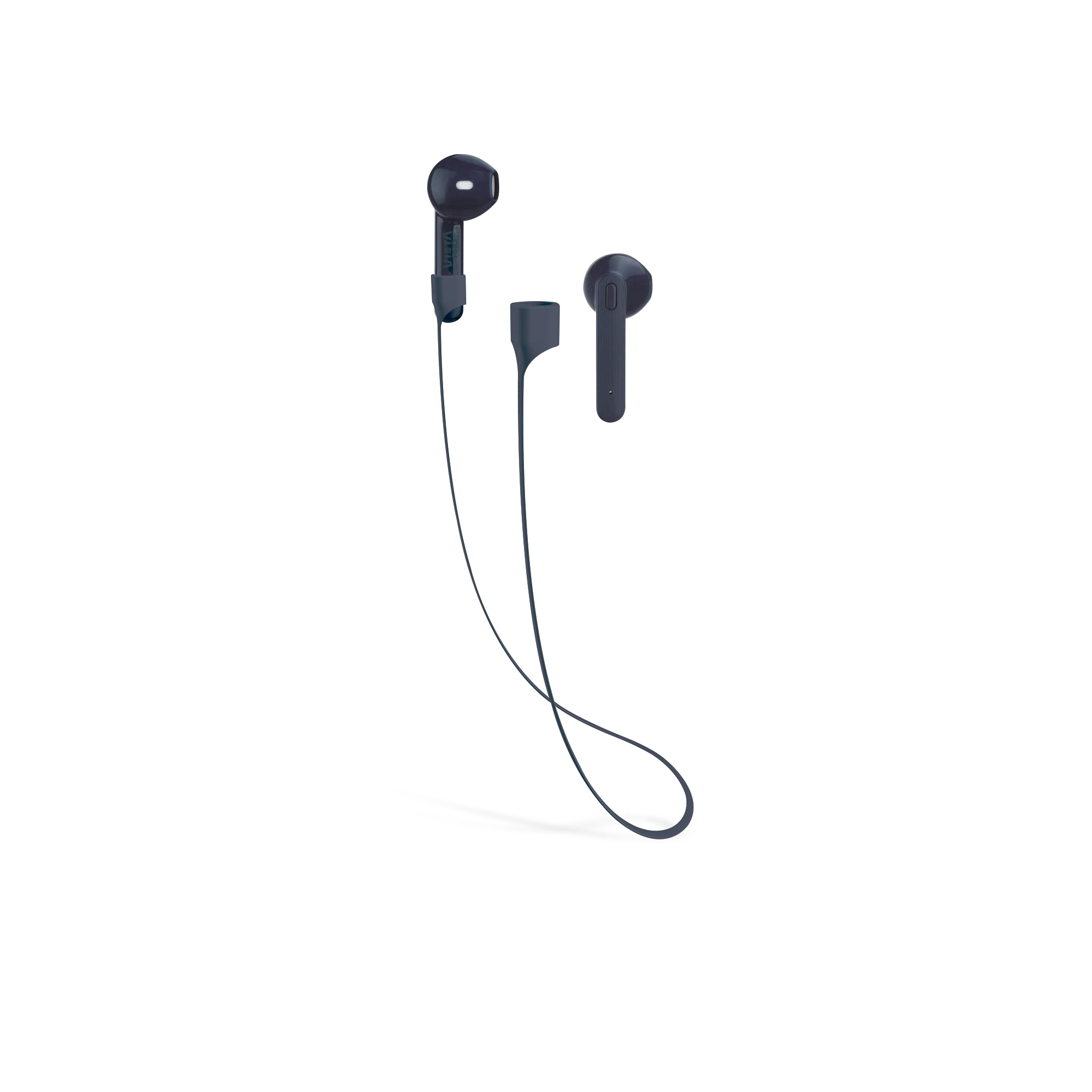Auriculares azules con cable conector y una unidad de control separada. Fondo blanco.