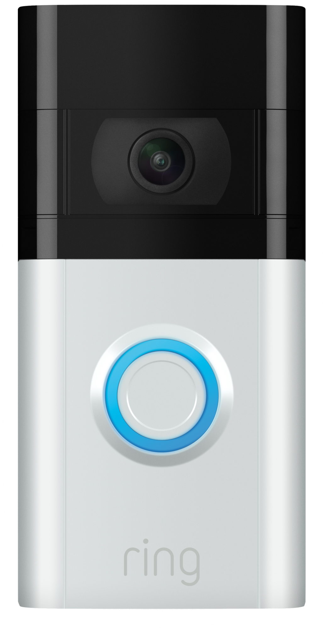 Weiße und schwarze Ring-Video-Türklingel. Hat eine blaue Kreistaste und eine Kamera oben.
