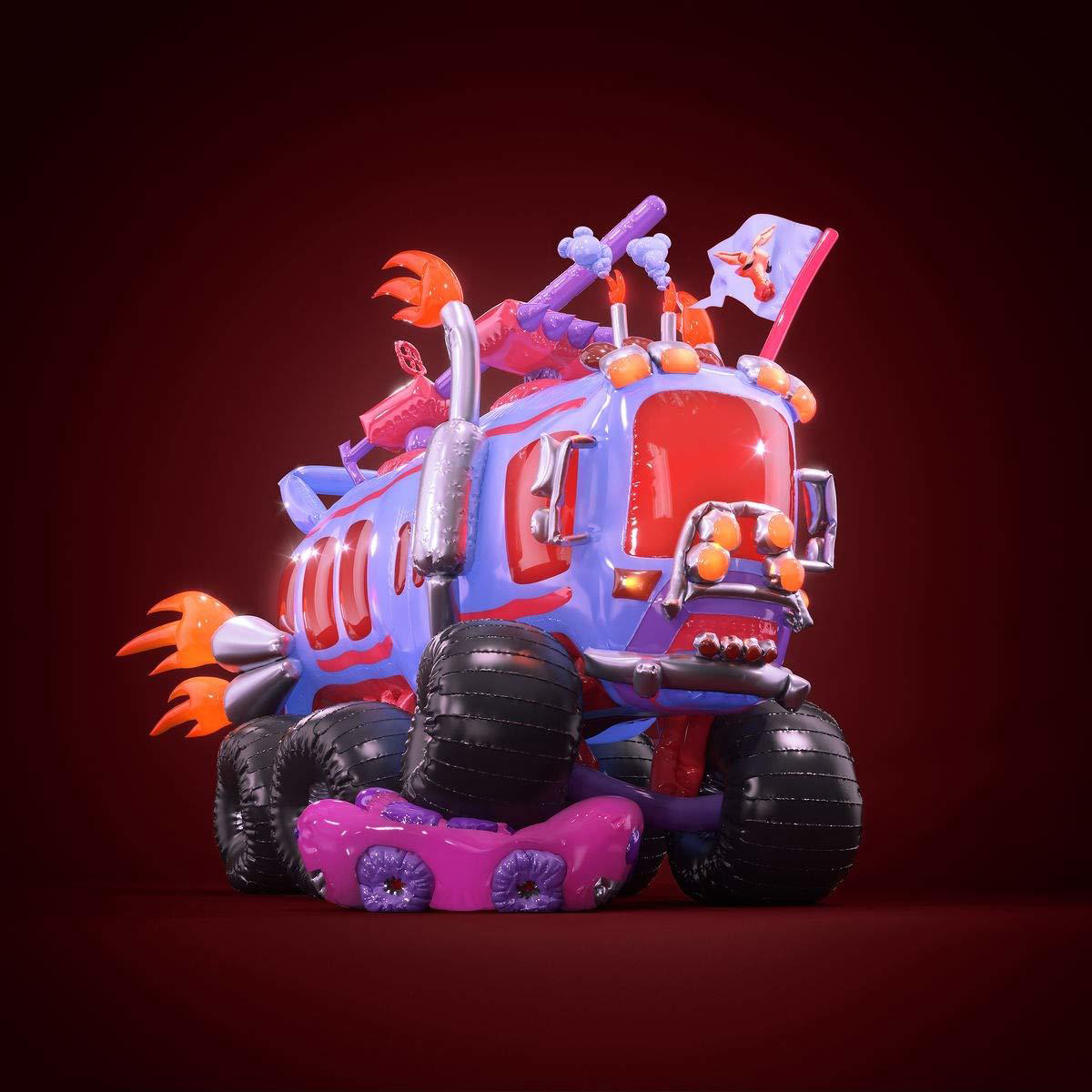 Cartoon-Monster-Truck, blauer Körper, rotes Führerhaus, orangefarbene Auspuffflammen und violettes Auto darunter.