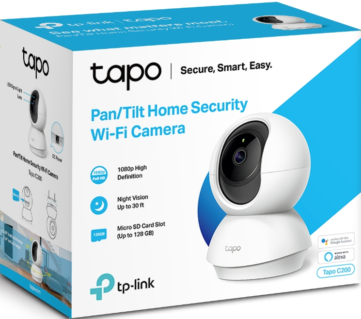 Weiß-schwarzer Karton für eine Tapo Wi-Fi-Kamera. Enthält Produktinformationen.