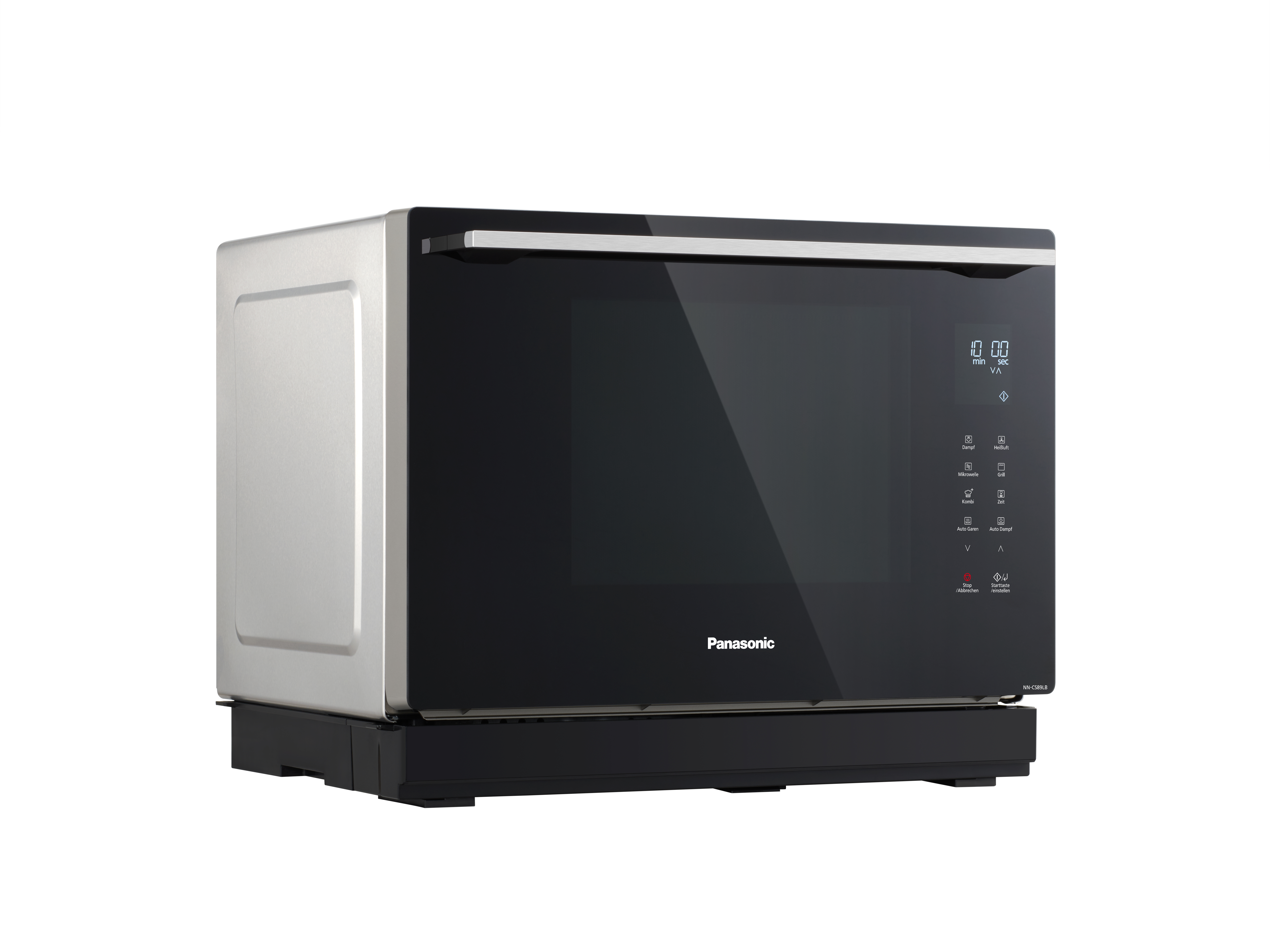Panasonic-Mikrowelle, schwarze Tür, Edelstahlseiten, Digitalanzeige.