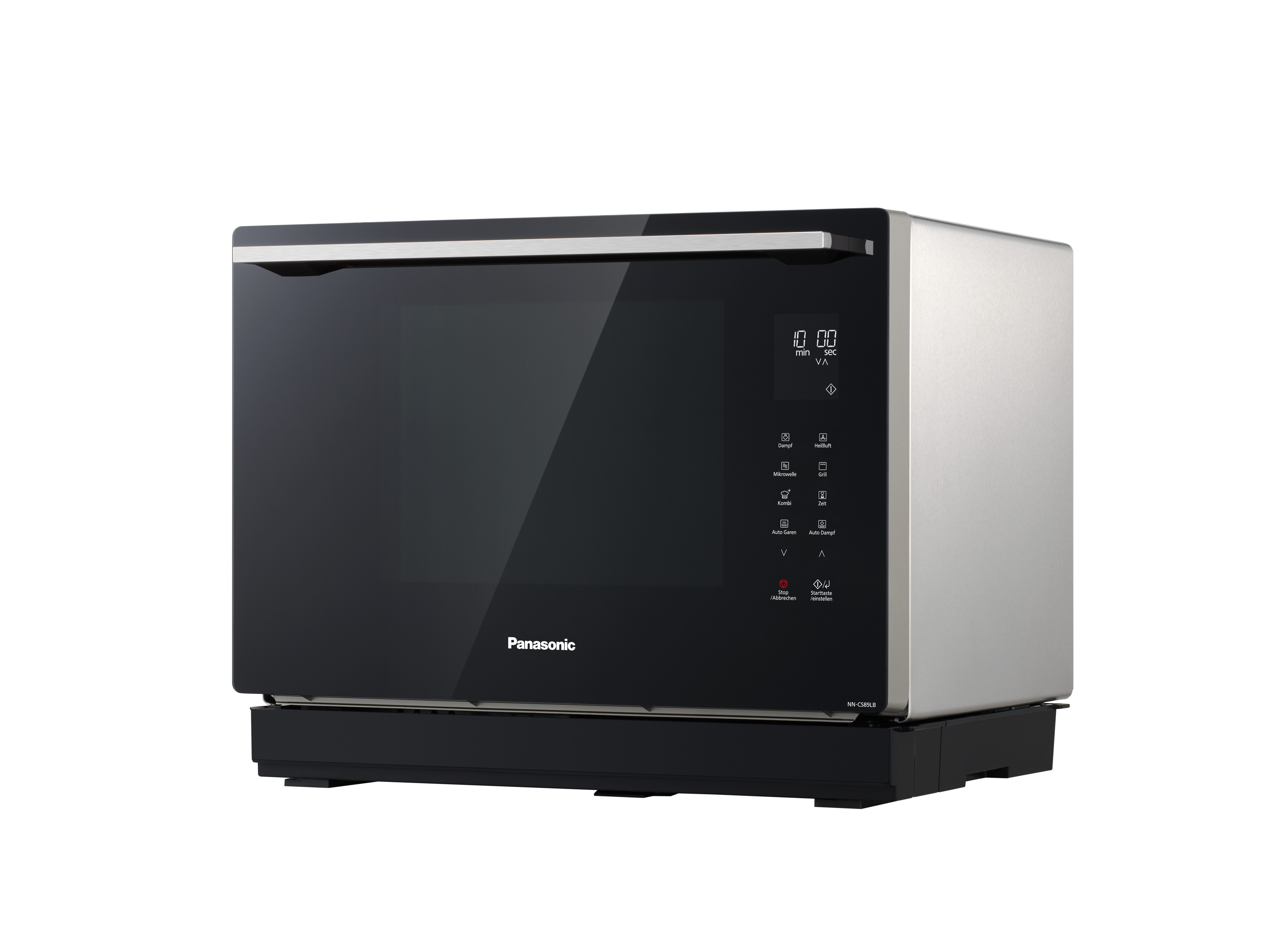 Panasonic Mikrowelle. Schwarze Glastür, silberne Seiten. Digitalanzeige und Knöpfe.