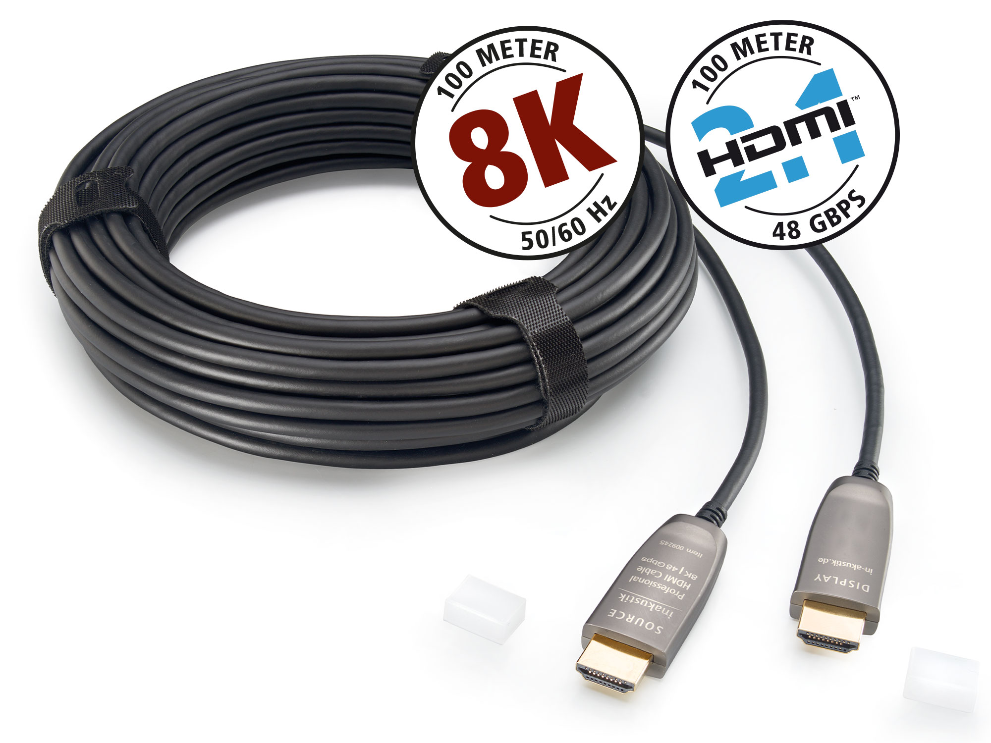 Schwarz HDMI-Kabel gerollt, mit Etiketten für 8K-Auflösung und HDMI 2.1.