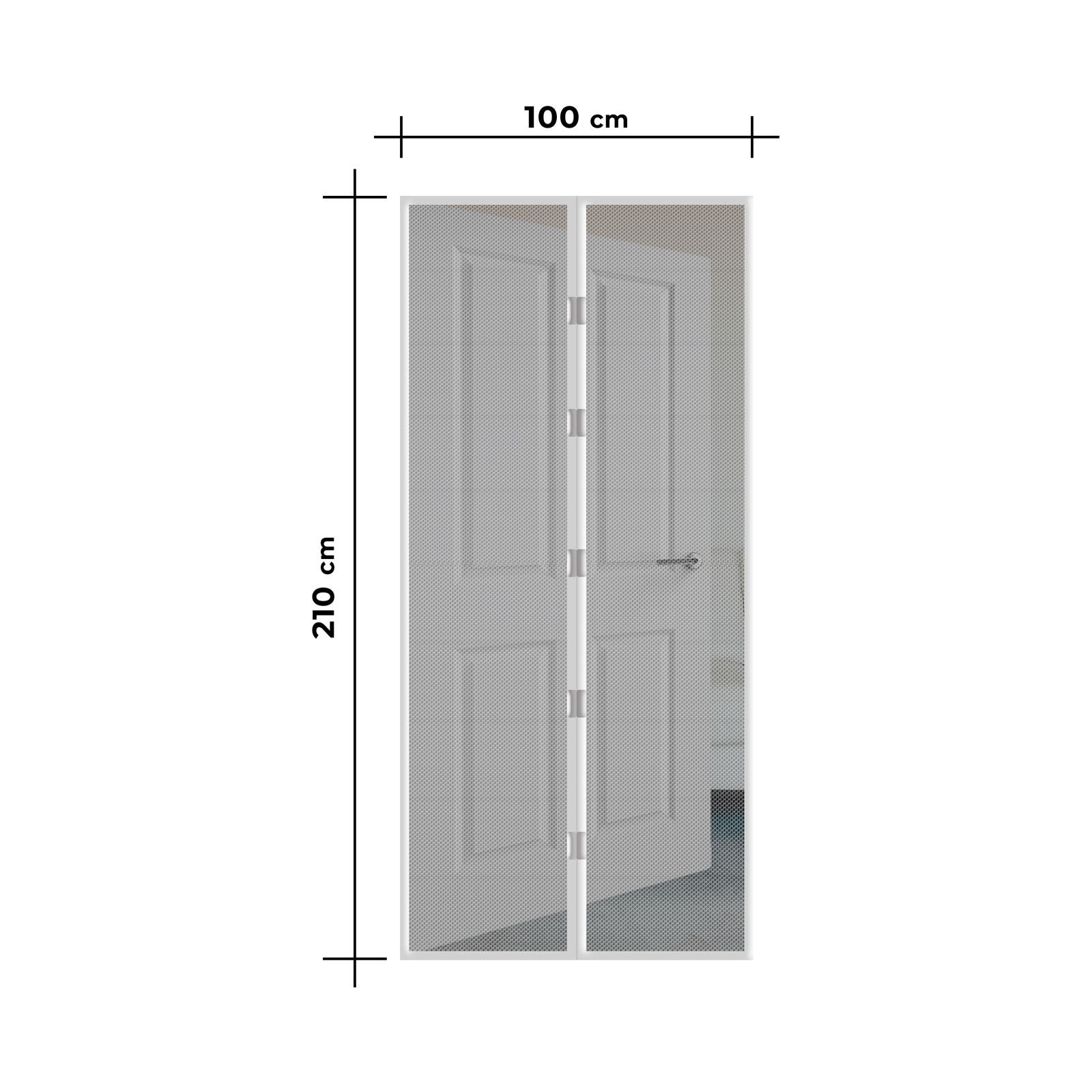Fehér hálós ajtó méretekkel, 100cm széles és 210cm magas.