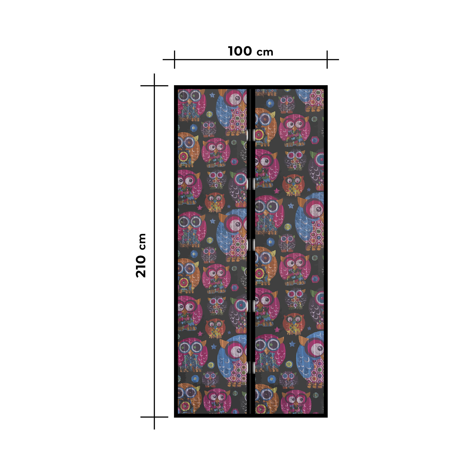 Egy ajtófüggöny bagolymintával, 100 cm x 210 cm-es méretekkel.