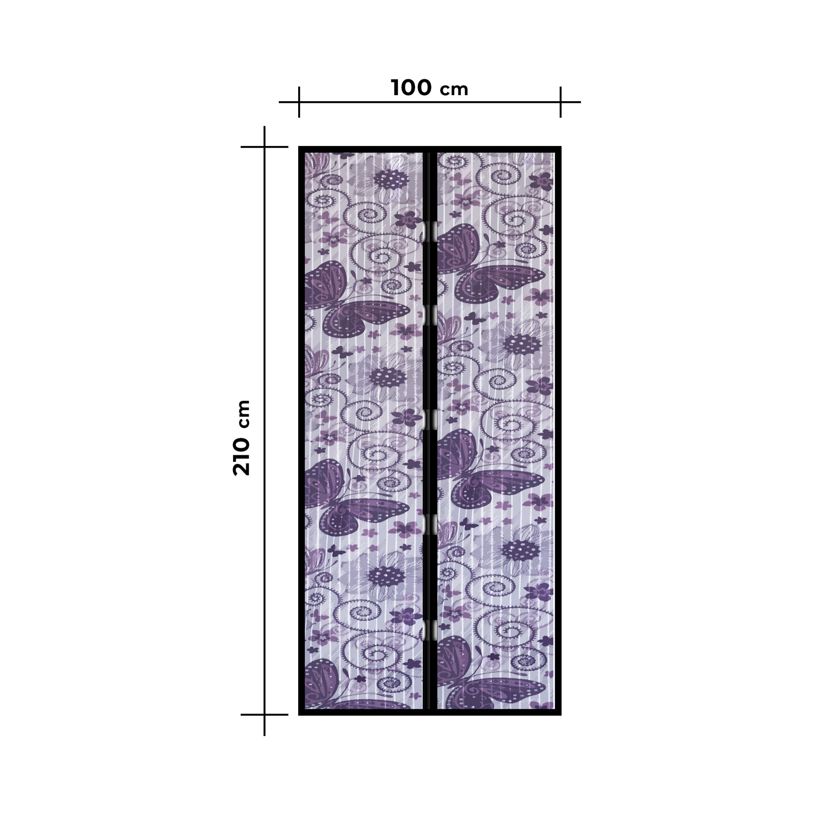 Ajtófüggöny pillangókkal és virágmintákkal. Mérete 210 cm magas és 100 cm széles.