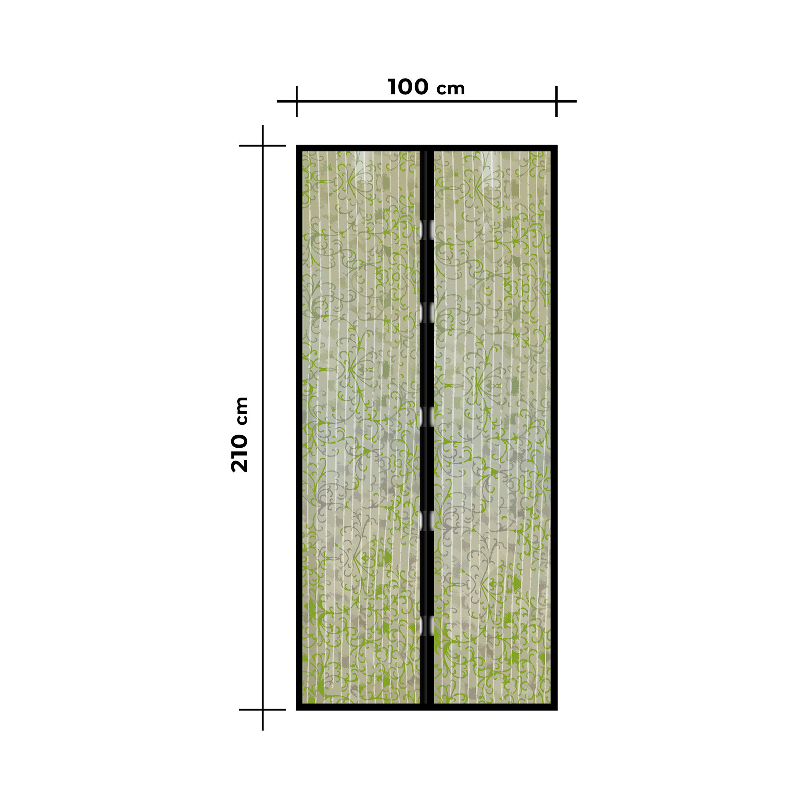 Zöld mintás ajtószúnyogháló fekete kerettel, méretek 100x210 cm.