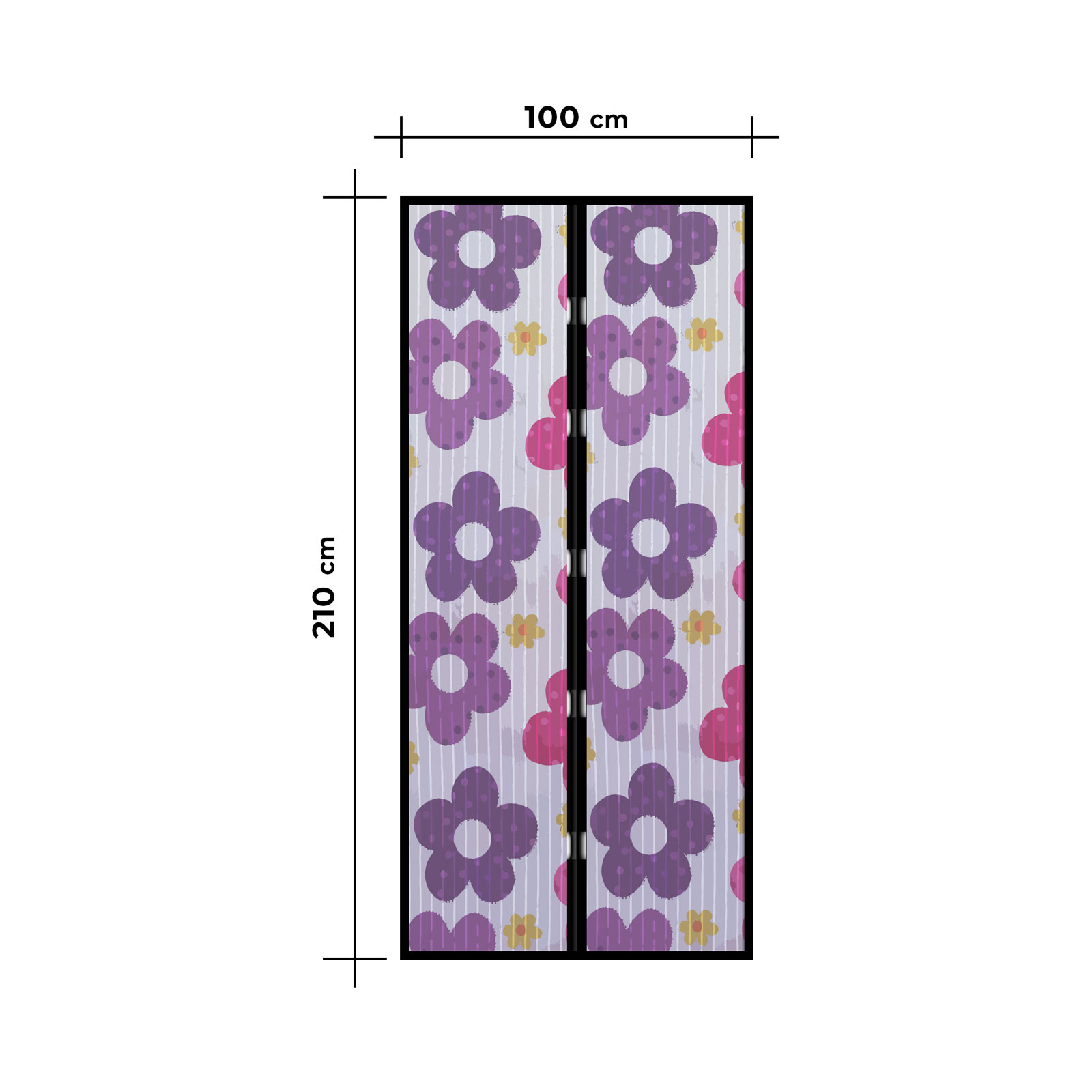 Ajtó szúnyogháló lila és rózsaszín virágmintával. 210 cm hosszú, 100 cm széles.