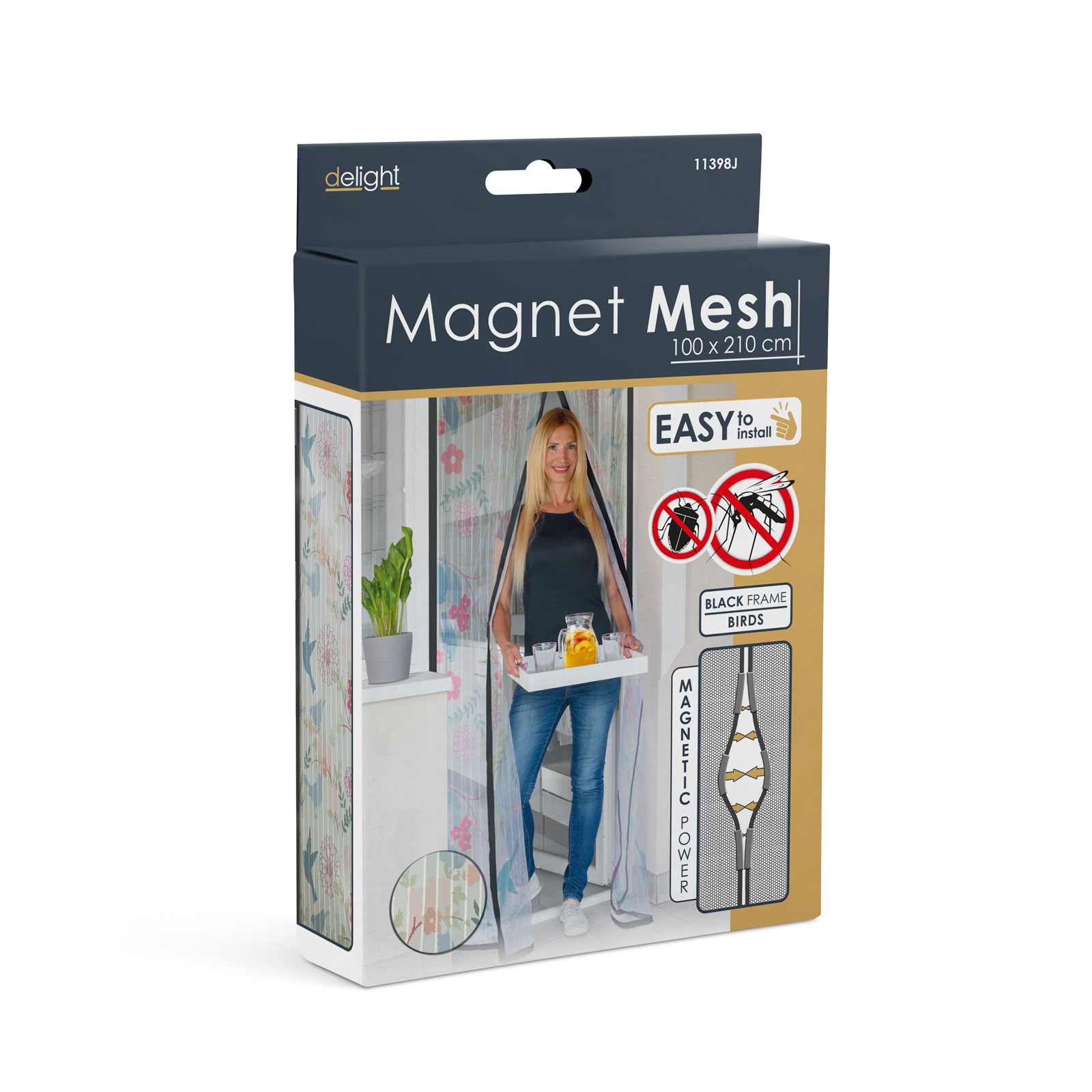 Dobozos Magnet Mesh, nő tálcát tart, fehér háttér. Szöveget és illusztrációkat tartalmaz.