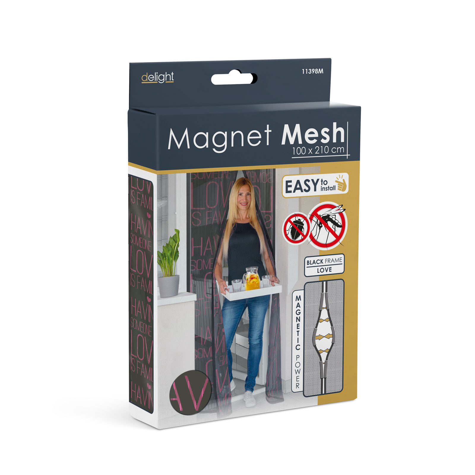 Doboz, nővel, tálcával, 'Magnet Mesh' felirattal, fekete kerettel.