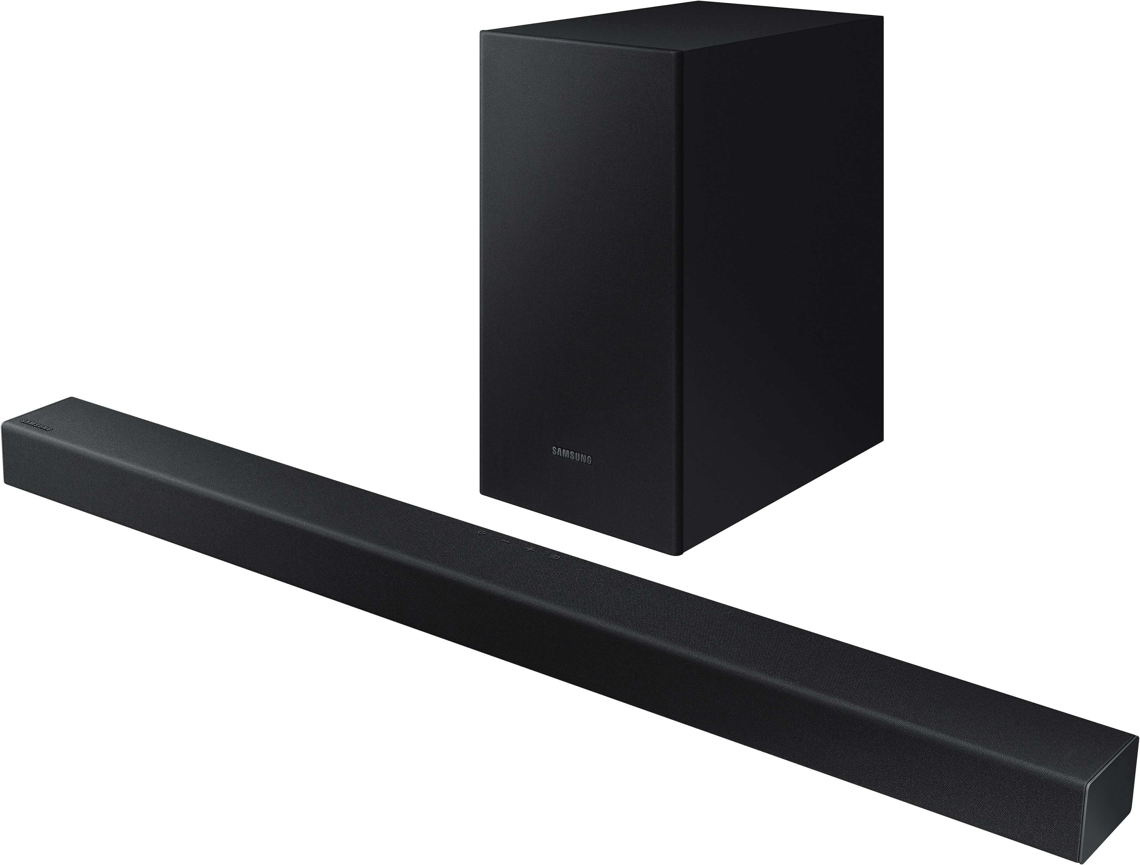 Fekete Samsung soundbar és mélynyomó készlet fekete háttér előtt. A mélynyomó kocka alakú.