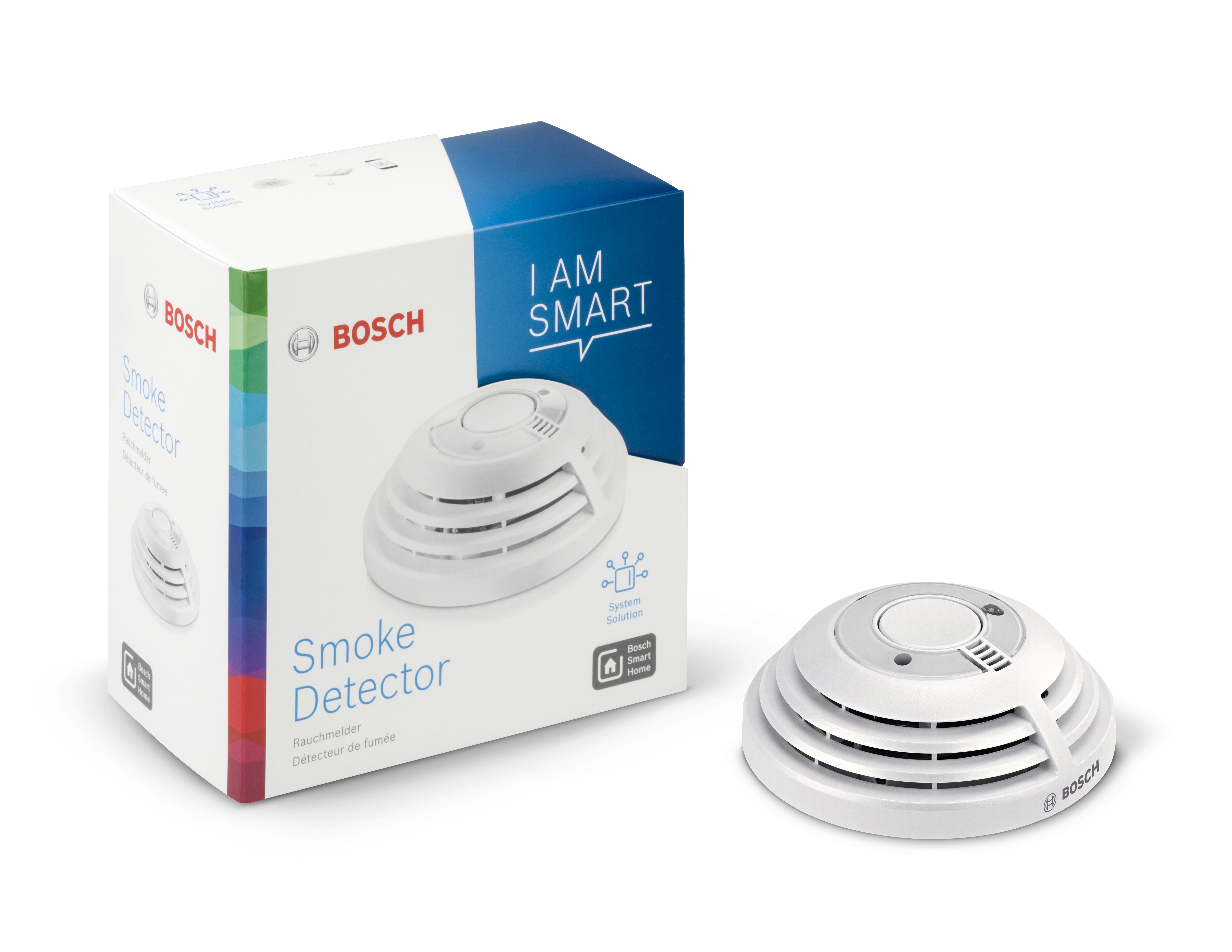 Weißer Rauchmelder und Verpackung. Auf der Verpackung steht 'Bosch Smart Home'.