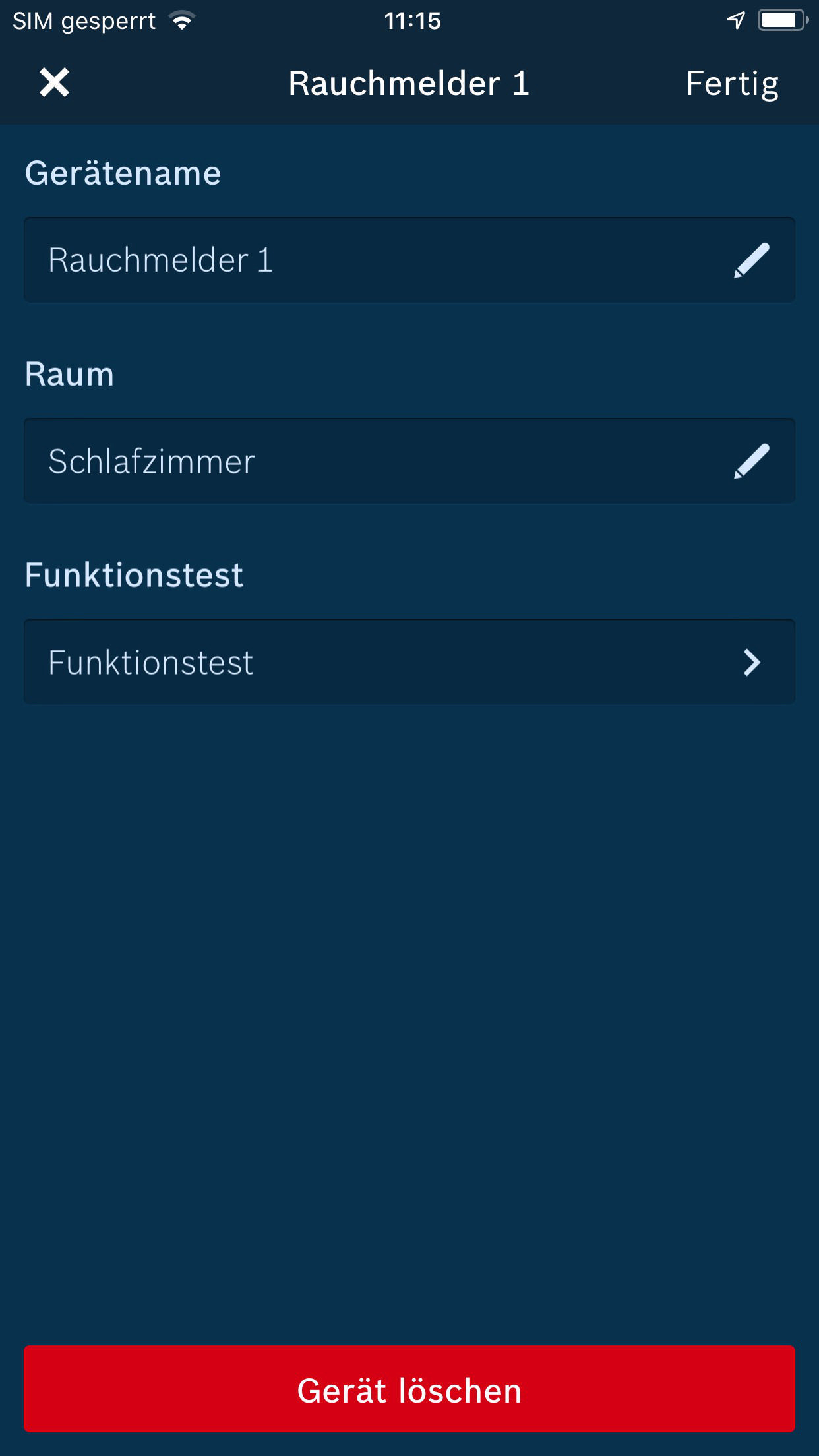 Ein Screenshot einer Telefon-App, die Einstellungen für einen Rauchmelder zeigt.