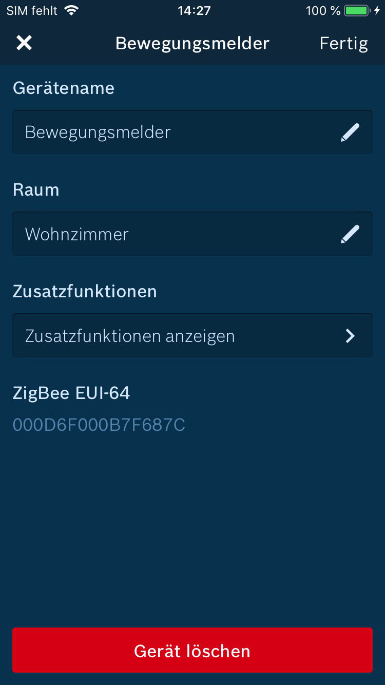 Handy-Bildschirm mit Einstellungen. Enthält Gerätename, Raum, Zusatzfunktionen und Zigbee-Daten.