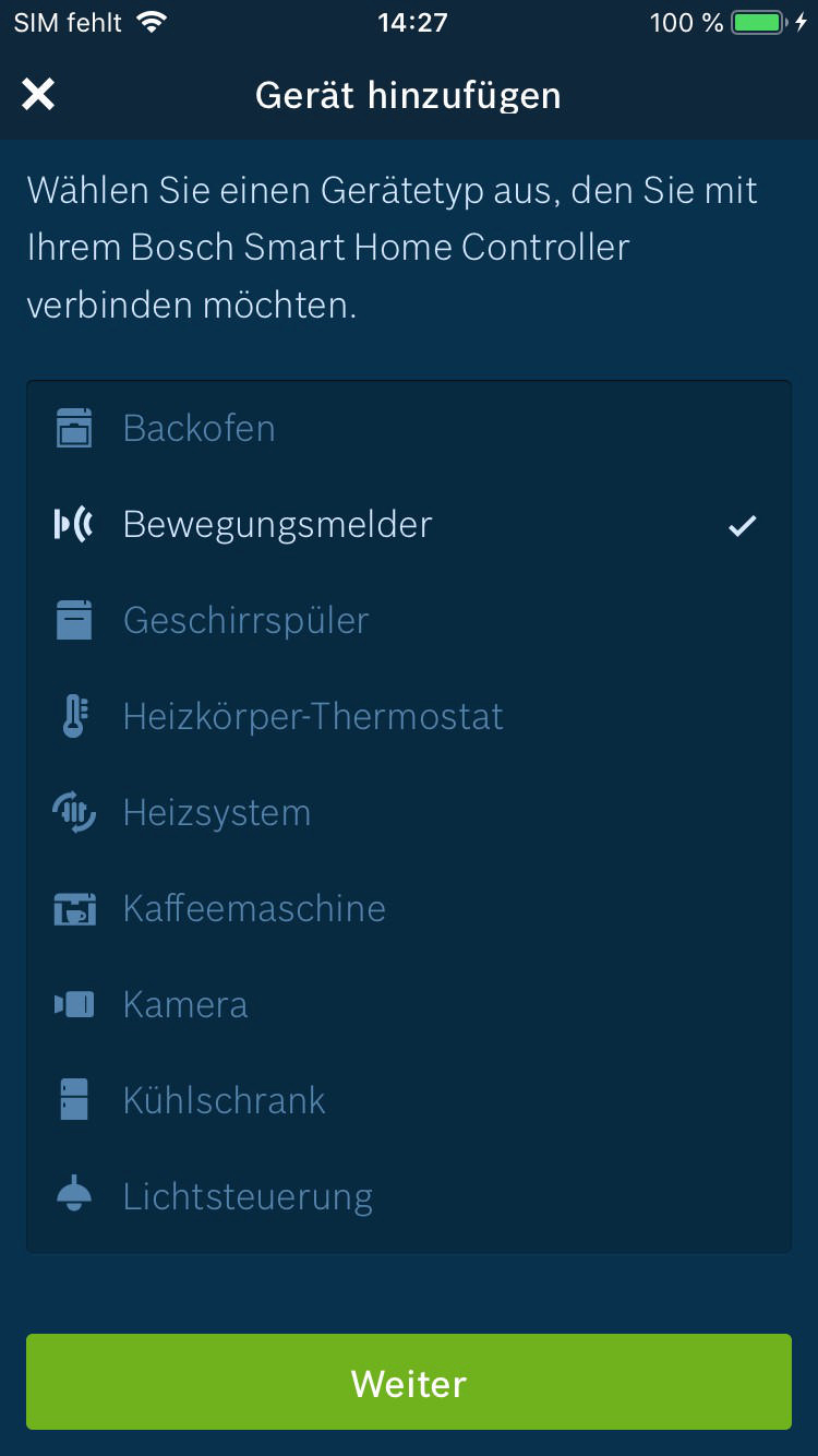 Ein Smartphone-Display mit einer App-Auswahl, bei der 'Bewegungsmelder' ausgewählt ist.