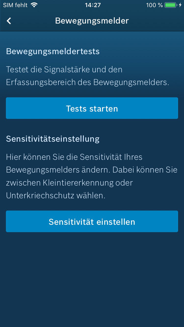 Ein Smartphone-Bildschirm mit einer Bewegungsmelder-Testoberfläche mit Optionen.