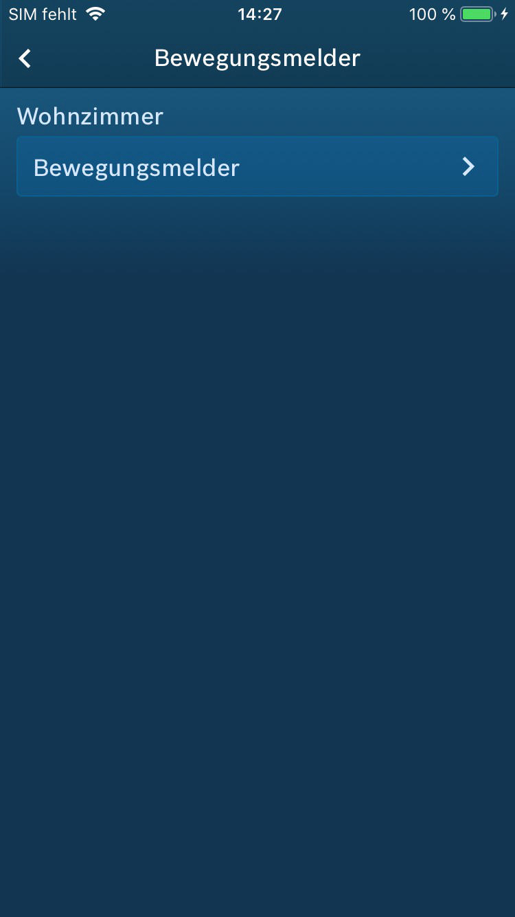 Ein Screenshot eines Telefonbildschirms mit einer Navigationsleiste und dem Titel: Bewegungsmelder.