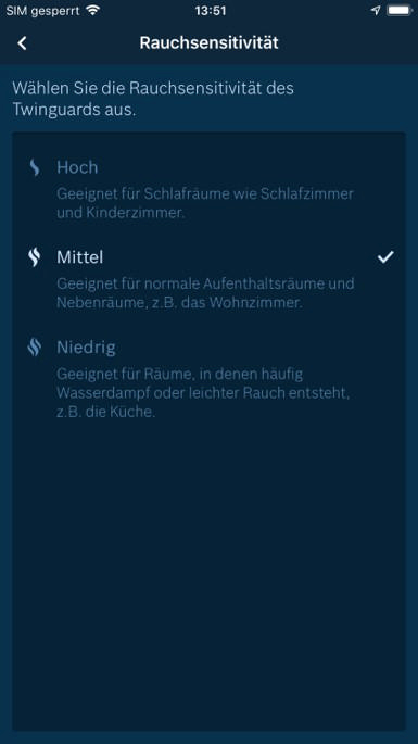 Smartphone-Bildschirm mit Optionen zur Rauchempfindlichkeit.