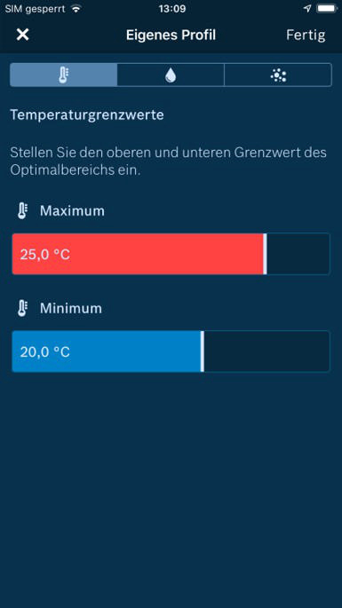 Screenshot eines Telefons, das Temperatureinstellungen anzeigt. Rote und blaue Balken stellen Maximum und Minimum dar.