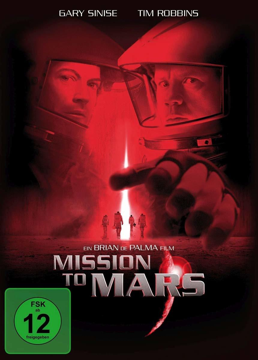 Filmposter für 'Mission to Mars'. Mit Gary Sinise und Tim Robbins, mit rotem Hintergrund.