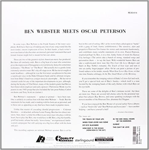 Vinil lemez hátoldala, szöveggel Ben Webster és Oscar Peterson zenei együttműködéséről.