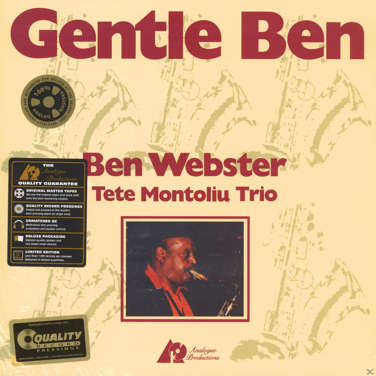 'Gentle Ben' album borítója, Ben Webstertől. Szöveg és kép egy szaxofonozó férfiről.