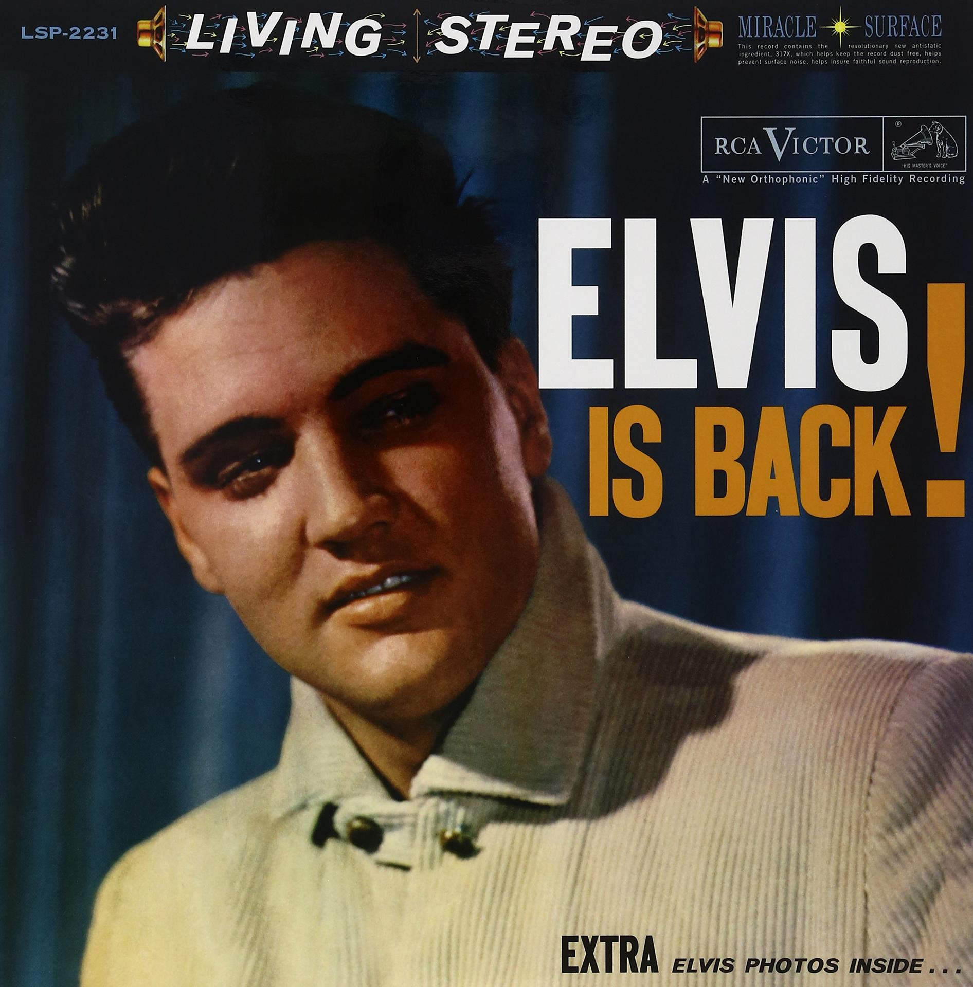 Elvis Presley album borítója. Elvis előre néz, világos kabátot visel. A szöveg a következő: 'Elvis Is Back!'