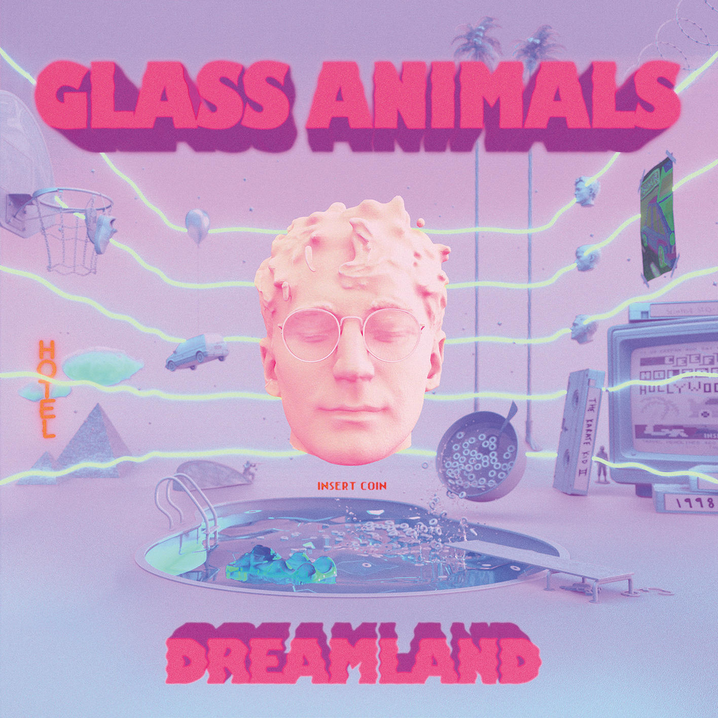 Dreamland albumhoes. Een roze hoofd met bril zweeft boven een zwembad. Tekst 'Glass Animals'.