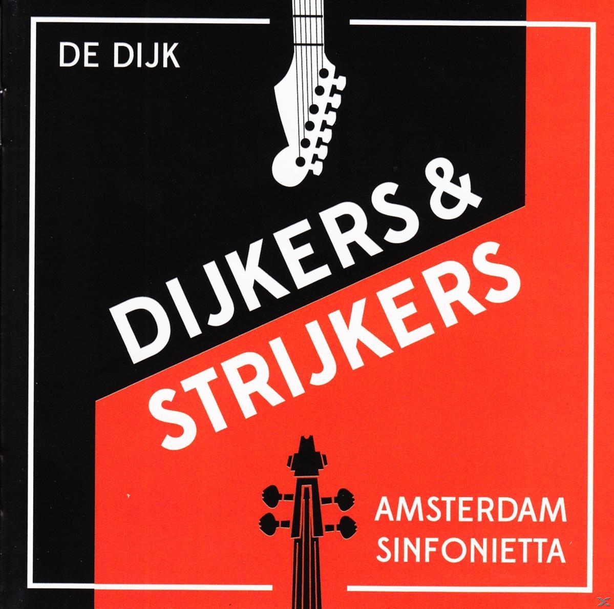 Albumhoes met rode en zwarte achtergrond. Titel is "DIJKERS & STRIJKERS" met een gitaar- en vioolillustratie.