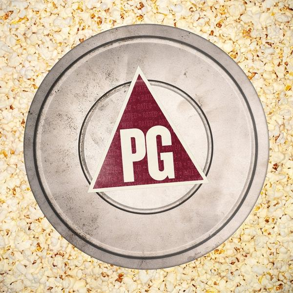 Classification PG sur une bobine de film entourée de pop-corn. Triangle blanc avec texte rouge.